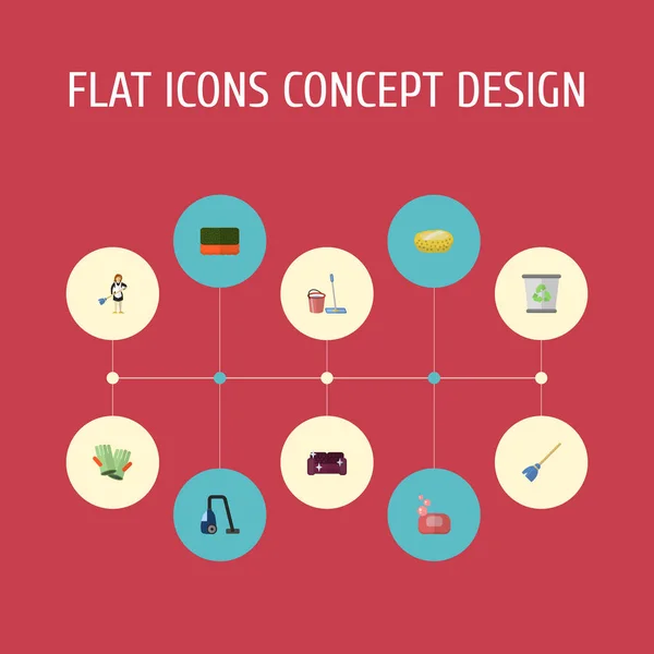Flache Symbole Stulpe, Schwamm, Sofa und andere Vektorelemente. Set von Reinigungssymbolen umfasst auch Spießruten, Schneebesen, Staubsaugerobjekte. — Stockvektor