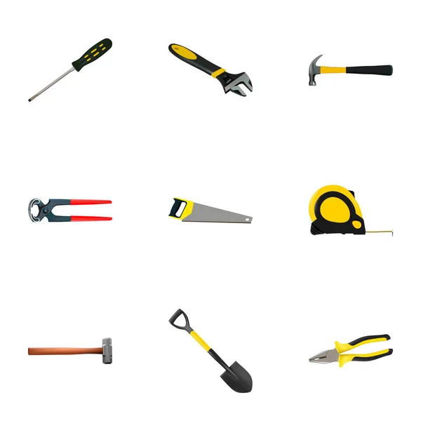 现实的铁锹、 钢锯、 爪和其他向量元素。一整套工具现实符号还包括扳手，大锤，钢锯对象. — 图库矢量图片