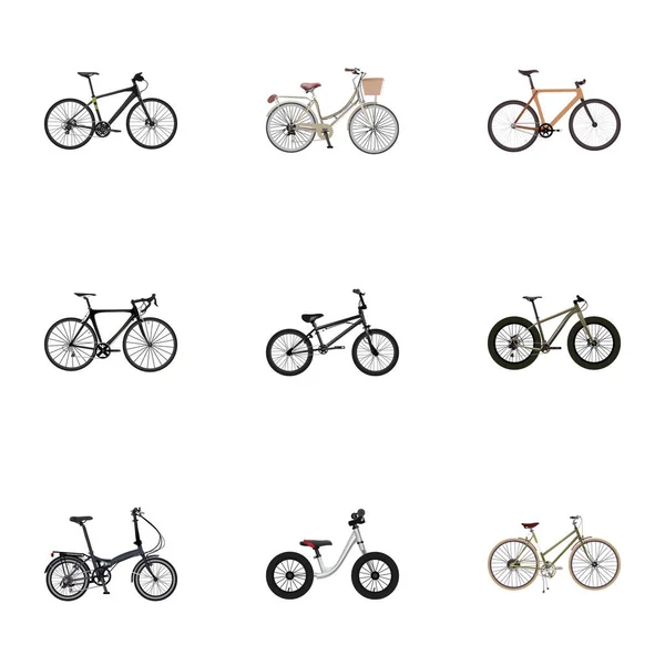 Bicicleta extrema realista, con madera, para chica y otros elementos vectoriales. El sistema de símbolos realistas de la bici también incluye objetos híbridos, vintage, Bmx . — Vector de stock