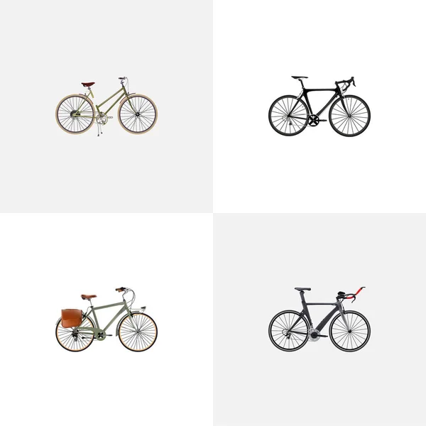 Ejercicio realista montar a caballo, para chica, bicicleta de competición y otros elementos vectoriales. Set de Símbolos Realistas de Bicicletas También Incluye Chica, Mujer, Objetos de Bicicleta . — Vector de stock