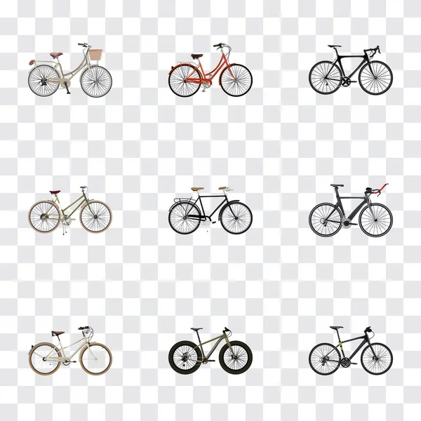 Moda realista, vieja, bicicleta de competición y otros elementos vectoriales. El sistema de símbolos realistas de la bicicleta también incluye híbrido, triatlón, objetos retro . — Vector de stock