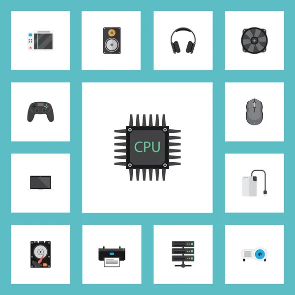 平面图标存储设备、 电脑鼠标、 老虎机和其他向量元素。笔记本电脑平面图标符号集还包括演示文稿，扬声器电缆对象. — 图库矢量图片