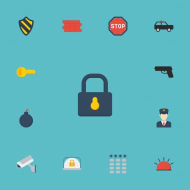 Düz simgeler tuş takımı, zırhlı araç, tuğla duvar ve diğer vektör öğeleri. Düz simgeleri simgeleri tedarik de gözetim, kamera, güvenlik nesneleri içerir.