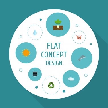 Düz simgeler Filiz, su, oynak balık ve diğer vektör öğeleri. Eco düz simgeler simge kümesi de içerir güneş, damla, oynak nesneleri.