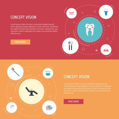 Düz simgeler hijyen, yapay diş, çocuk diş hekimi ve diğer vektör öğeleri. Ayrıca tıp, dişeti iltihabı, diş fırçası nesneleri içeren küme diş düz simgeleri simgeleri.