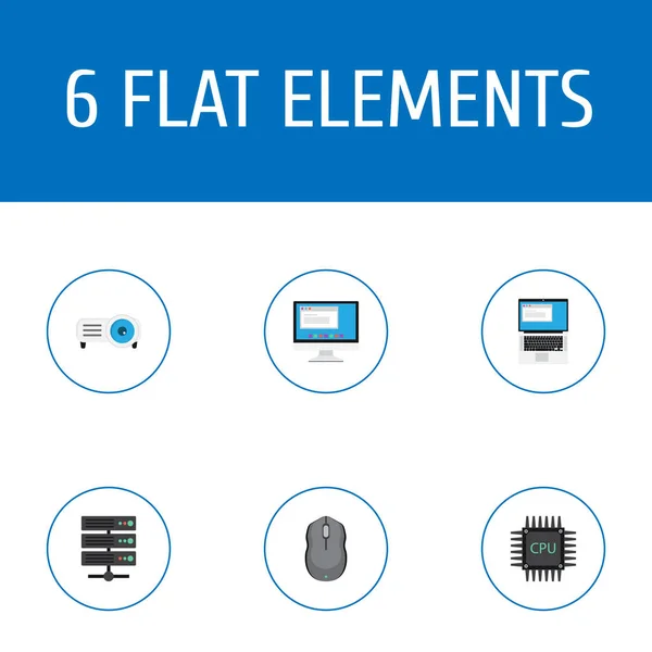 Flat Icons ноутбук, дисплей, микропроцессор и другие векторные элементы. Набор плоских иконок для ПК включает в себя также ПК, гаджеты, компьютеры. . — стоковый вектор