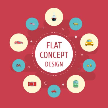 Düz simgeler Jeep, taşıma, motosiklet ve diğer vektör öğeleri. Aynı zamanda helikopter, gemi, Cabriolet nesneleri içeren küme otomatik düz simgeleri simgeleri.