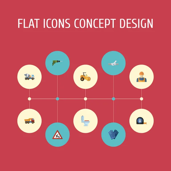 Plat pictogrammen Van elektrische schroevendraaier, stoomwals en andere vectorelementen. Set van industrie plat pictogrammen symbolen bevat ook voorzichtigheid, werknemer, Mixer objecten. — Stockvector