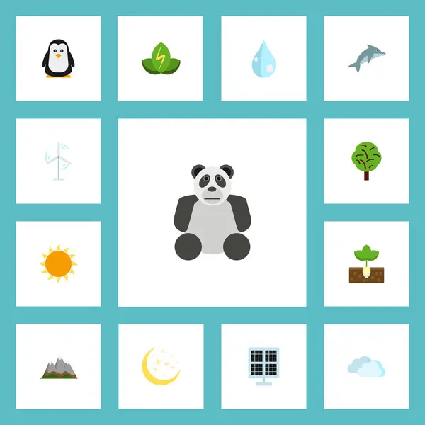 Flat Icons Eco Energy, Sun Power, Sprout And Other Vector Elements. Set Of Green Flat Icons Symbols Also Includes Clouds, Panel, Bear Objects. — Stock Vector