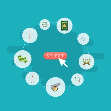 Düz simgeler dua halı, Arapça hat, topçu ve diğer vektör öğeleri. Ayrıca boncuk, halı, tespih nesneleri içeren küme Ramazan düz simgeleri simgeleri.