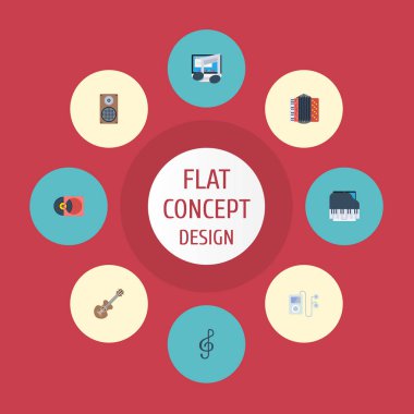 Düz simgeler akustik, mızıka, sesi sembolü ve diğer vektör öğeleri. Stüdyo düz simgeler simge kümesi de içerir disk, oyuncu, gitar nesneleri.