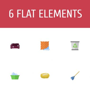 Düz simgeler Çöp konteyner, kanepe, bez ve diğer vektör öğeleri. Hijyen düz simgeler simge kümesi de içerir WISP, süpürge, temiz nesneleri.