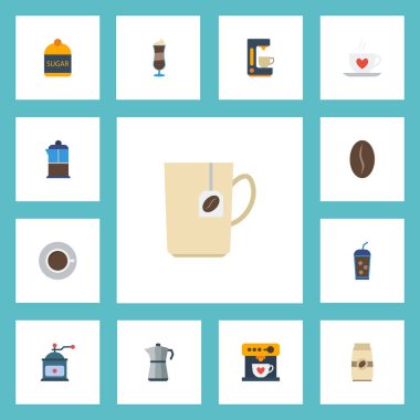 Düz simgeler kupa, içecek, Moka Pot ve diğer vektör öğeleri. Kahve düz simgeler simge kümesi de içerir paket, kahve, tohum nesneleri.
