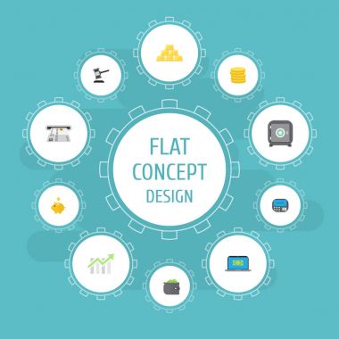 Düz simgeler cüzdanınızdan, vezne makinesi, külçe ve diğer vektör öğeleri. Düz simgeleri simgeleri bankacılık da cüzdanınızdan, Laptop, barlar nesneleri içerir.