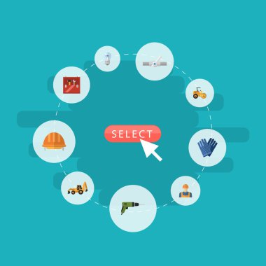 Düz simgeler Toolkit, tarak, buharlı silindir ve diğer vektör öğeleri. İnşaat düz simgeler simge kümesi de Mitten, ışık, ampul nesneleri içerir.