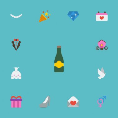 Düz simgeler damat elbise, kartı, mücevher ve diğer vektör öğeleri. Nişan düz simgeler simge kümesi de içerir Chariot, havai fişek, mevcut nesneleri.