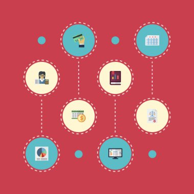 Düz kutsal kişilerin resmi sayfası, pasta Bar, muhasebe sistemi ve diğer vektör öğeleri. Muhasebe düz simgeler simge kümesi de grafik, hareket, son tarih nesneleri içerir.