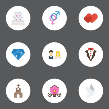 Düz simgeler damat elbise, cinsellik sembolü, sevgi ve diğer vektör öğeleri. Düz simgeleri simgeleri düğün kümesi de içerir güvercin, elmas, Gharry nesneleri.