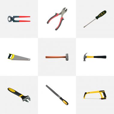 Gerçekçi marangoz, pençe, maşa ve diğer vektör öğeleri. Aletleri gerçekçi simgeler kümesi de marangoz, kıskaç, kıskaç nesneleri içerir.