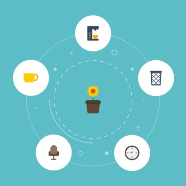 Düz simgeler izle, bitki Pot, koltuk ve diğer vektör öğeleri. Büro düz simgeler simge kümesi, ayrıca bitki, Houseplant, saat nesneleri içerir.