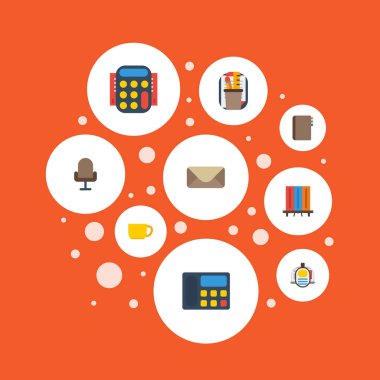 Düz simgeler kitapçı, koltuk, hesaplamak ve diğer öğeleri vektör. Ayrıca sandalye, kitaplık, kimlik nesneleri içeren küme Office düz simgeleri simgeleri.