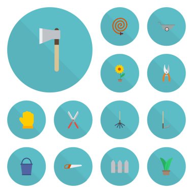 Düz simgeler komisyon, el arabası, kesici ve diğer vektör öğeleri. Bahçe düz simgeler simge kümesi de balta, kova, komisyon nesneleri içerir.