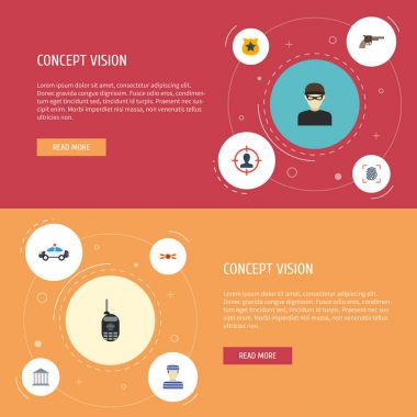 Düz simgeler şerit, uyarı şüpheli, hırsız ve diğer öğeleri vektör. Suç düz simgeler simge kümesi de içerir mahkum, polis, Fingermark nesneleri.