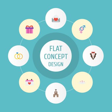 Düz simgeler takvim, cinsellik sembolü, hediye ve diğer vektör öğeleri. Nişan düz simgeler simge kümesi de içerir takvim, gün, uygun nesneleri.