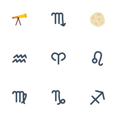 Düz simgeler kuyruklu yıldız, su taşıyıcısı, optik ve diğer vektör öğeleri. Ayrıca Virgin, aslan, Aqurius nesneleri içeren küme gökada düz simgeleri simgeleri.