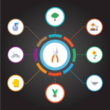 Düz simgeler püskürtülen ilaç şişe, saksı, çim biçme makinesi ve diğer vektör öğeleri. Bahçe Bitkileri düz simgeler simge kümesi de ot, çilek, araba nesneleri içerir.