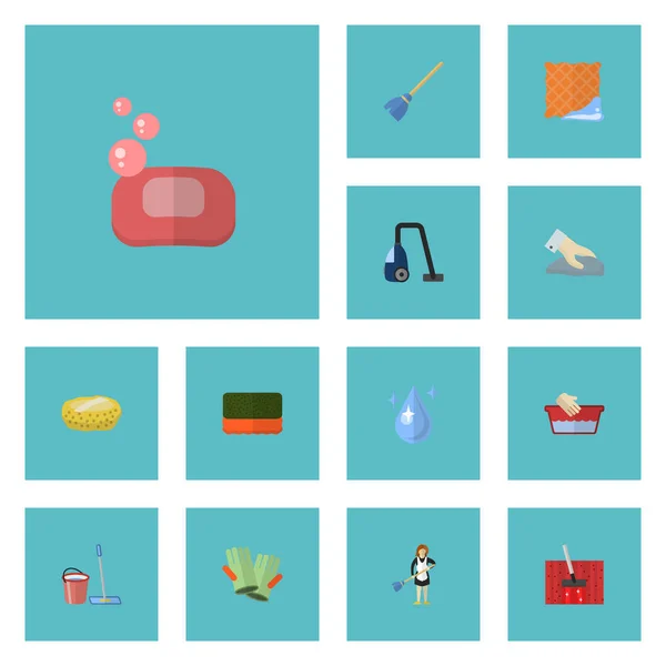 Iconos planos Espuma, barredora, esponja y otros elementos vectoriales. Set de Iconos Planos de Limpieza Símbolos También Incluye Whisk, Vacío, Objetos Wisp . — Archivo Imágenes Vectoriales