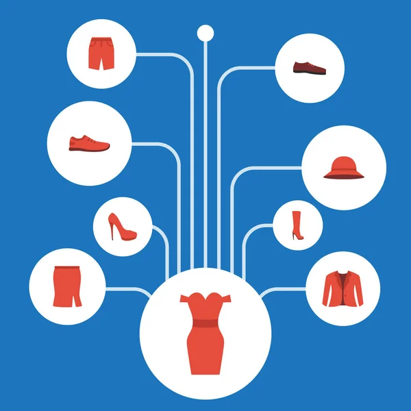 Bottes d'icônes plates, vêtements, gommes et autres éléments vectoriels. Ensemble de symboles d'icônes plates de vêtement comprend également des troncs, talons, objets d'homme . — Image vectorielle