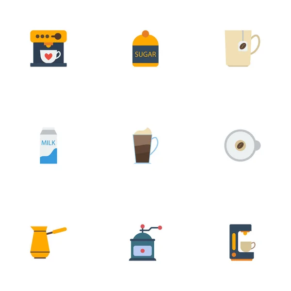 Plat pictogrammen Paper Box, Espresso Dispenser, Latte en andere vectorelementen. Set van koffie plat pictogrammen symbolen bevat ook koffiezetapparaat, Cup, Dispenser objecten. — Stockvector