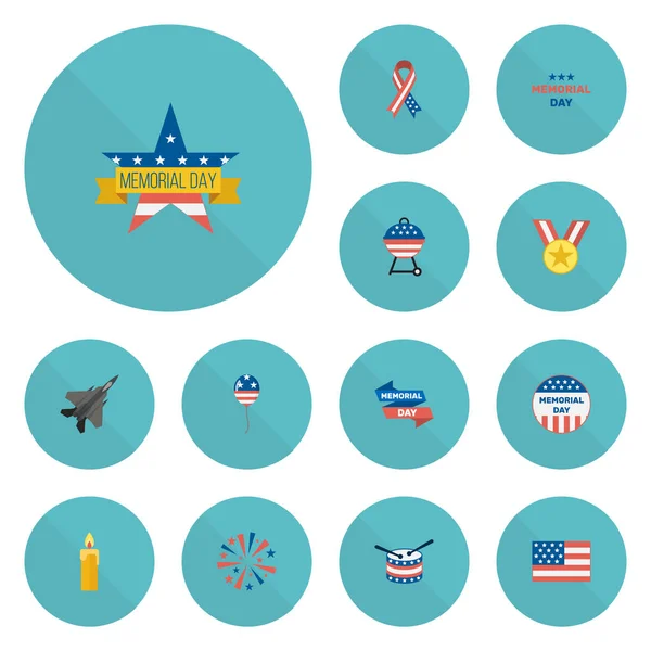 Flat Icons Barbecue, Firecracker, American Banner e outros elementos vetoriais. Conjunto de símbolos de ícones planos memoriais também inclui fita, decoração, objetos de medalha . —  Vetores de Stock