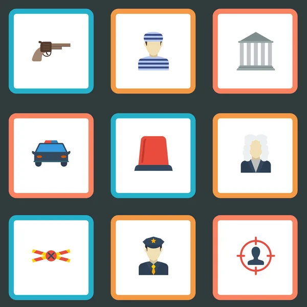 Iconos planos Policía, coche de policía, edificio y otros elementos vectoriales. Conjunto de iconos planos criminales Símbolos también incluye hombre, coche, objetos de la corte . — Vector de stock