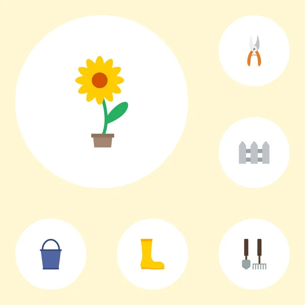 Lapos ikonok virágcserép, Pruner, eszközök és egyéb vektoros elemek. Mezőgazdasági lapos ikonok szimbólumok is tartalmaz kerítés, virág, fedezeti objektumok. — Stock Vector