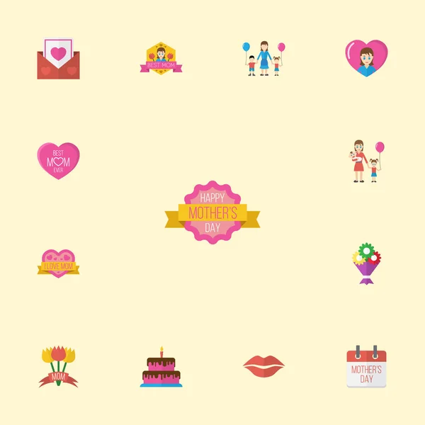 Diseño plano del diseño del icono del día de las madres felices con la mujer, la etiqueta engomada y los símbolos del diseño. Precioso mamá hermoso diseño femenino para social, Web e imprimir . — Vector de stock