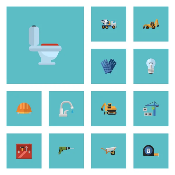 Flache Symbole Bagger, Glühbirne, Hardhat und andere Vektorelemente. Satz von flachen Symbolen Symbole der Industrie umfasst auch Toilette, Schubkarre, Handschuhe Objekte. — Stockvektor