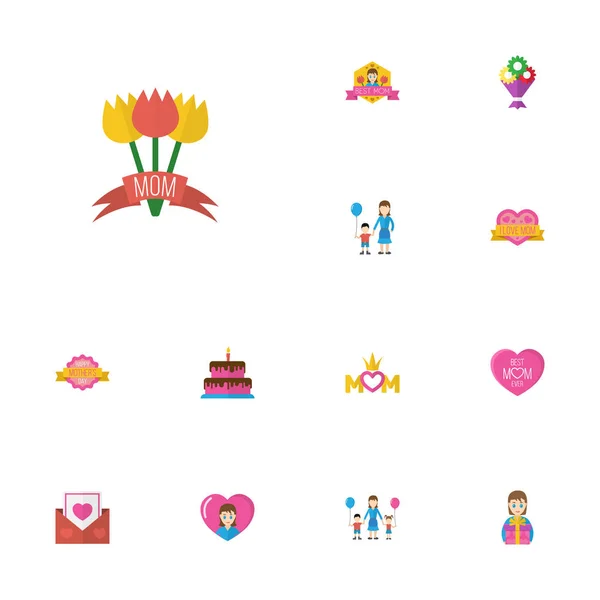 Glückliche Mütter Tag flache Icon-Layout-Design mit Design, Umschlag und Tulpen-Symbole. schöne Mutter schönes feminines Design für Social, Web und Print. — Stockvektor