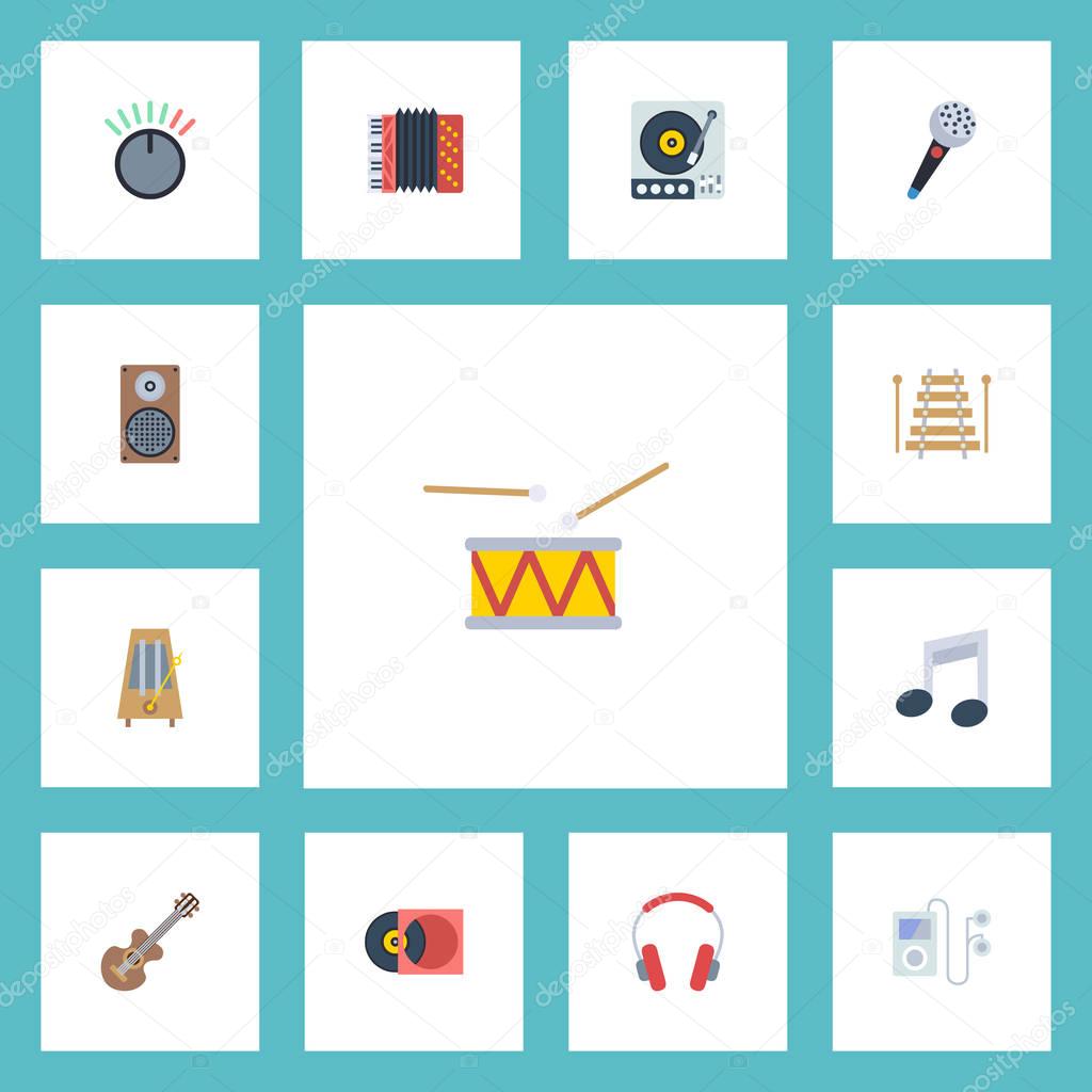 Flat Icons Musical Instrument, Earphone, Harmonica And Other Vector Elements. Set Of Melody Flat Icons Symbols Also Includes Headphones, Knob, Note Objects.