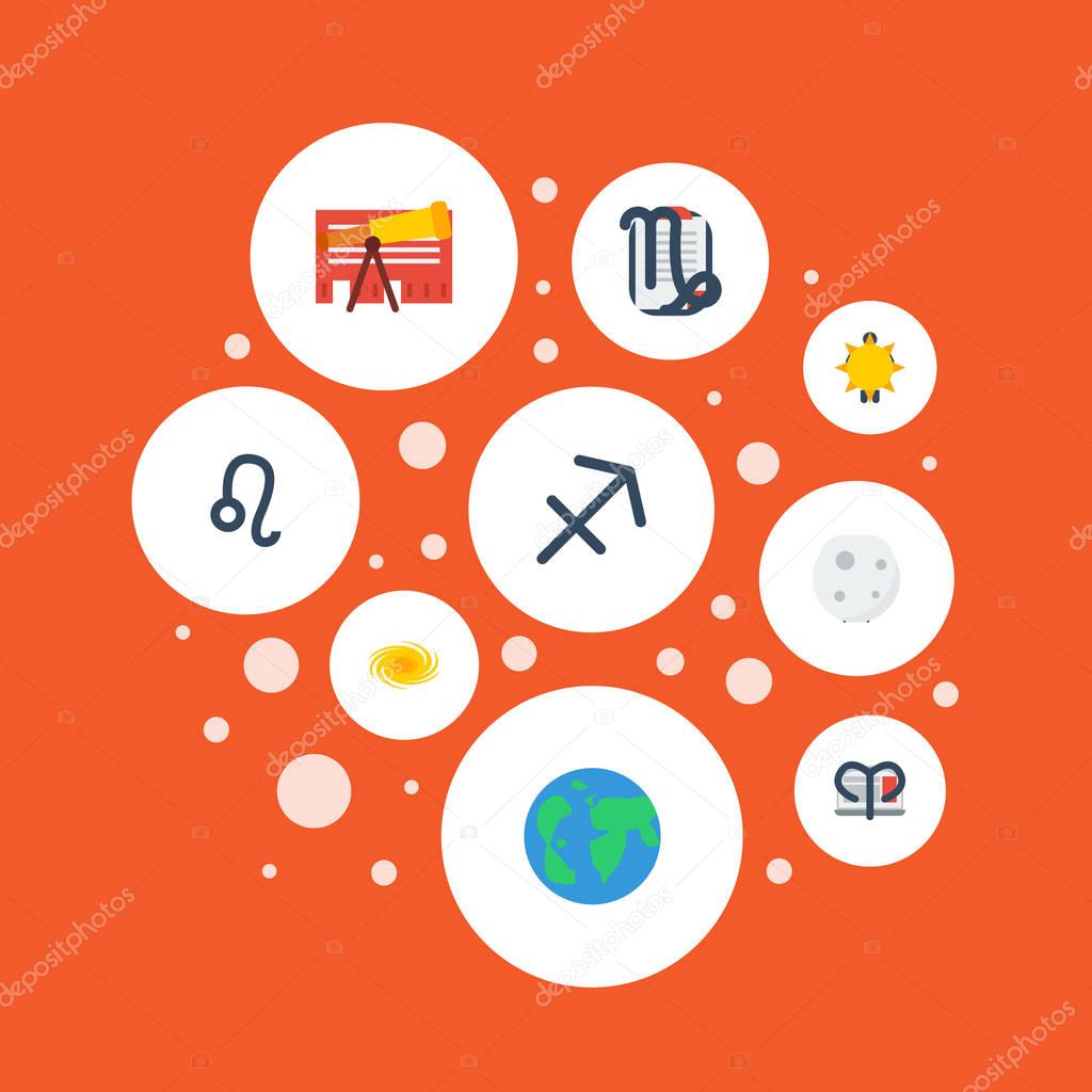 Flat Icons Lunar, Solar, Ram And Other Vector Elements. Set Of Astrology Flat Icons Symbols Also Includes Sun, Optics, Moon Objects.