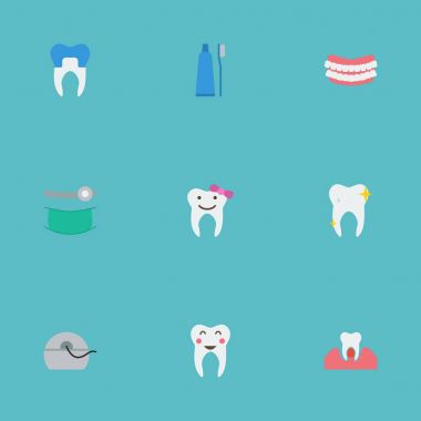 Düz simgeler diş fırçası, dişeti iltihabı, Stomatology ve diğer vektör öğeleri. Ayrıca tıp, diş, temizlenmiş nesneleri içeren küme emaye düz simgeleri simgeleri.