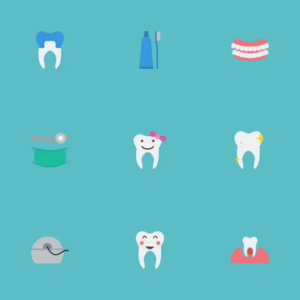 Плоский іконки зубна щітка, гінгівіту, стоматології та інших елементів векторного. Набір емаль плоских іконки символи також включає в себе медицини, зуби, очищений об'єктів. — стоковий вектор