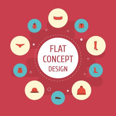 Düz simgeler çizme, şık şapkalar, şort ve diğer vektör öğeleri. Giysi düz simgeler simge kümesi de içerir yelek, şapkalar, pon pon nesneleri.