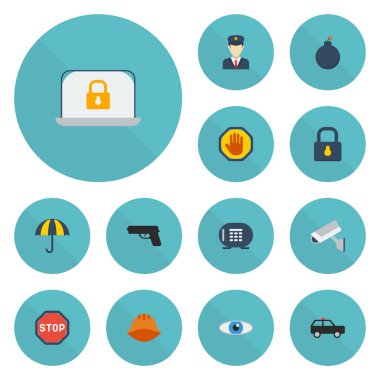 Düz simgeler kask, kamera, kilit ve diğer vektör öğeleri. Emanet düz simgeler simge kümesi de içerir dizüstü, durdurmak, Guard nesneleri.