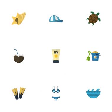 Düz simgeler Yüzme, deniz, kaplumbağa ve diğer vektör öğeleri. Düz simgeleri simgeleri de krem, deniz, kabuk nesneleri içerir Sezon dizi.