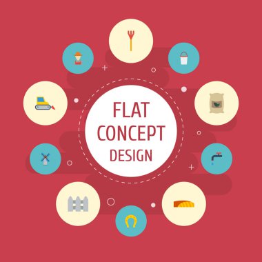 Düz simgeler çuval, Kültivator, buldozer ve diğer vektör öğeleri. Tarım düz simgeler simge kümesi de içerir kişi, çanta, tarım nesneleri.