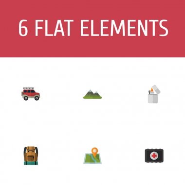 Düz simgeler sigara, çanta, yumruk yardım ve diğer vektör öğeleri. Kamp düz simgeler simge kümesi de tıp, dağ, harita nesneleri içerir.