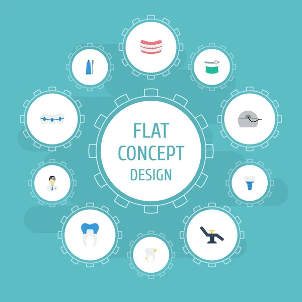 Iconos planos Dientes artificiales, ortodoncista, limpios y otros elementos vectoriales. El sistema de símbolos planos de los iconos del esmalte también incluye muebles, implantación, objetos del doctor . — Vector de stock