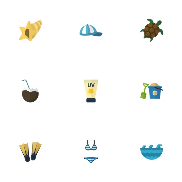 Плоские иконы плавание, море, черепаха и другие векторные элементы. Набор сезонных плоских иконок также включает в себя крем, море, ракушки . — стоковый вектор